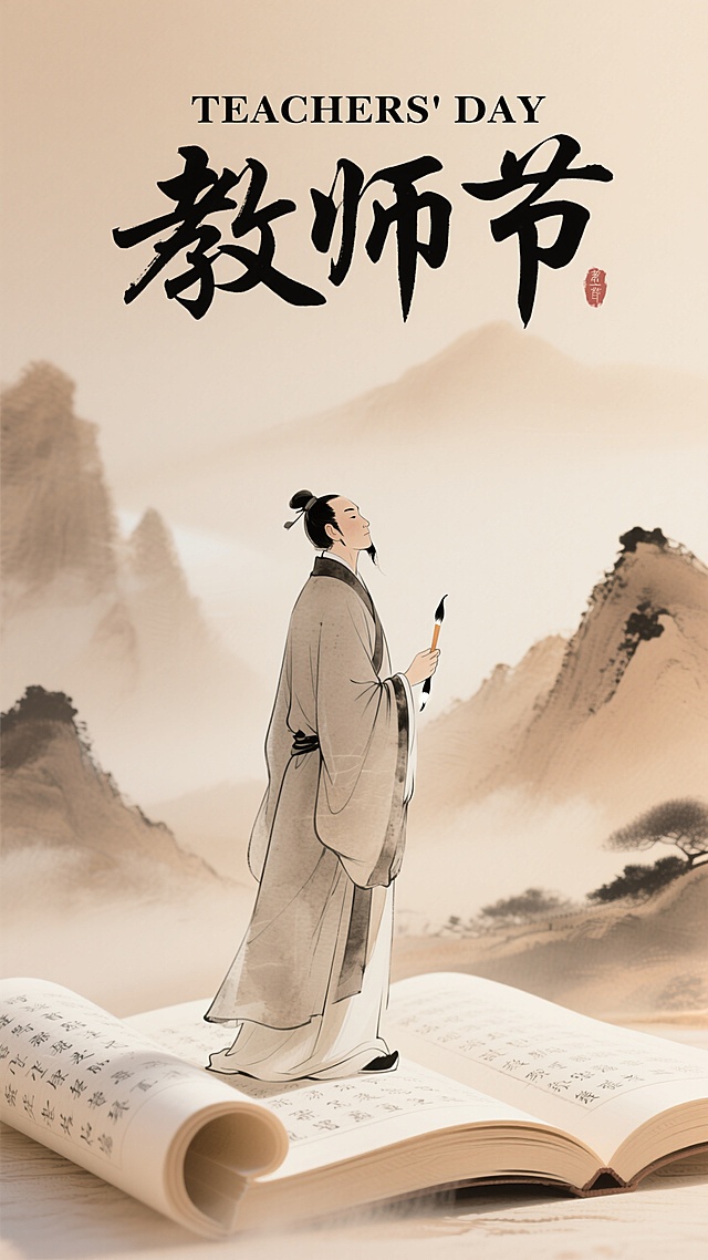 古典中式插画风，水墨山水背景，文人执笔立于书卷之上，尽显教师节书香雅韵。