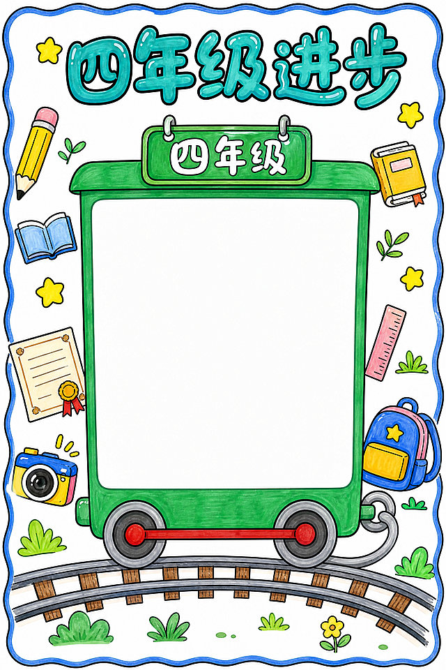 四年级进步页，六年级毕业纪念册内页，图文空白框，文字“四年级进步”，参考示例马克笔手绘风格，白底，清新可爱卡通校园风格