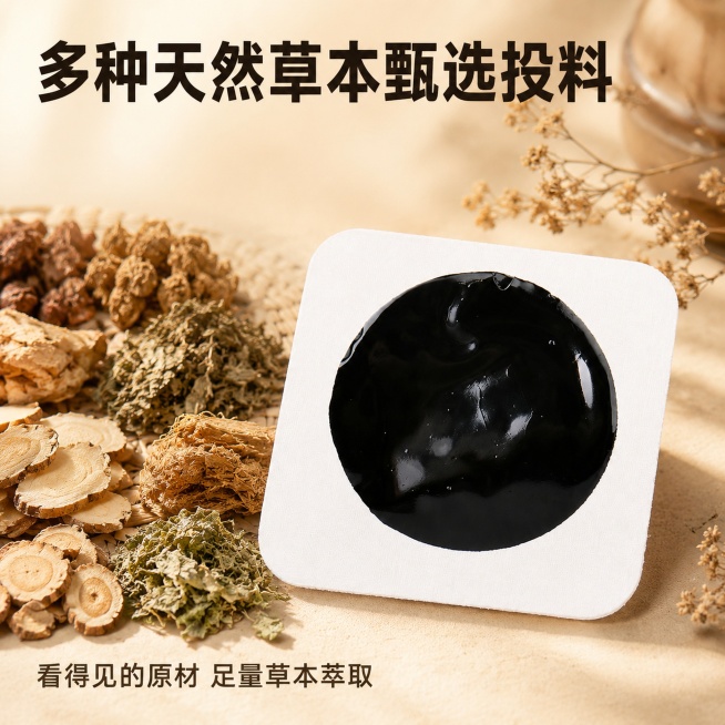 [主图-2] 核心卖点展示-多味草本原材呈现
[氛围风格] 天然真实草本风，延续首图米棕暖调
[画质] 商业摄影质感、光线柔和通透、产品清晰真实、画面干净高级
[元素] 中式古法老黑膏居中放置，左下角预览效果