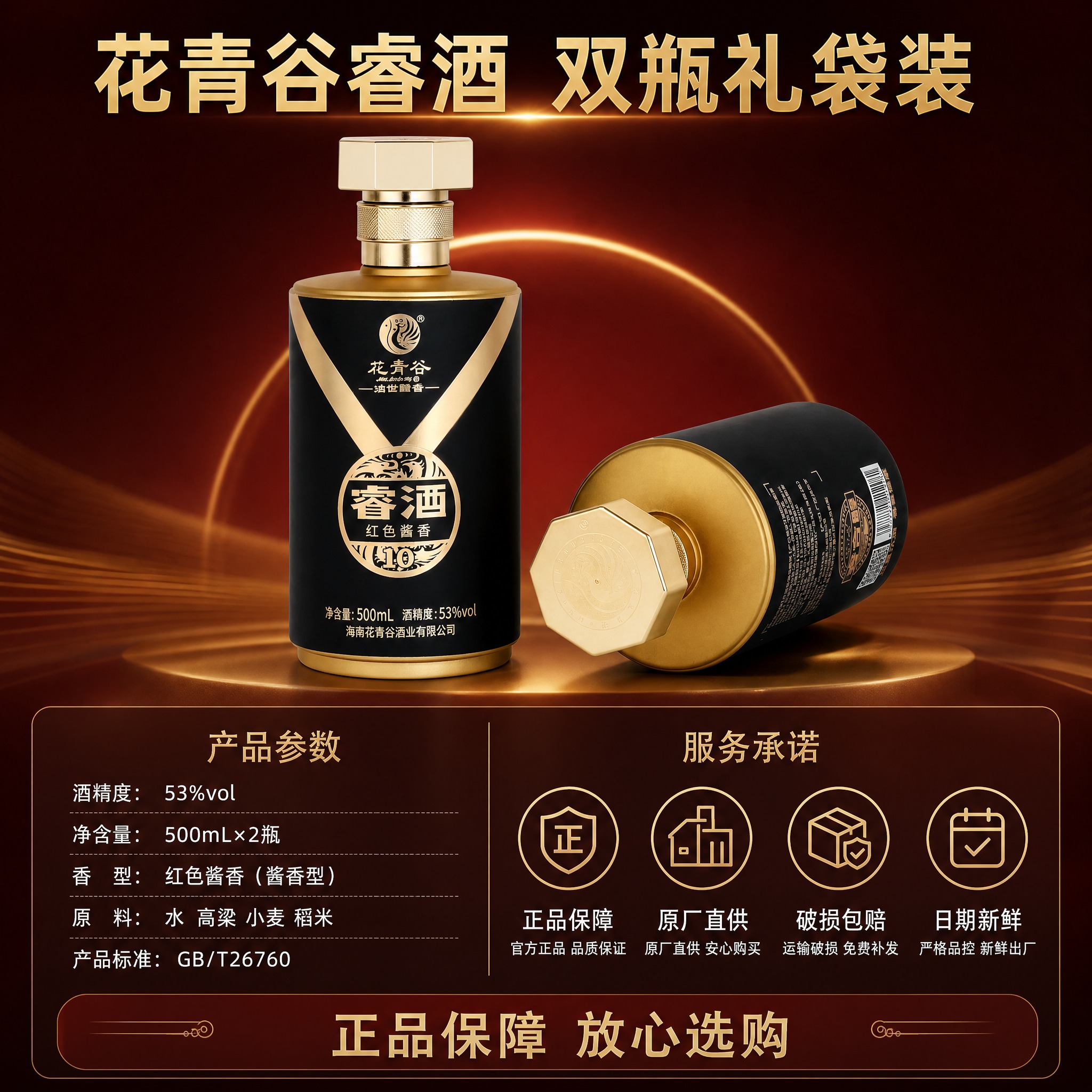 [主图-5] 花青谷睿酒双瓶规格与服务保障图，展示产品参数与正… - 图片创意预览