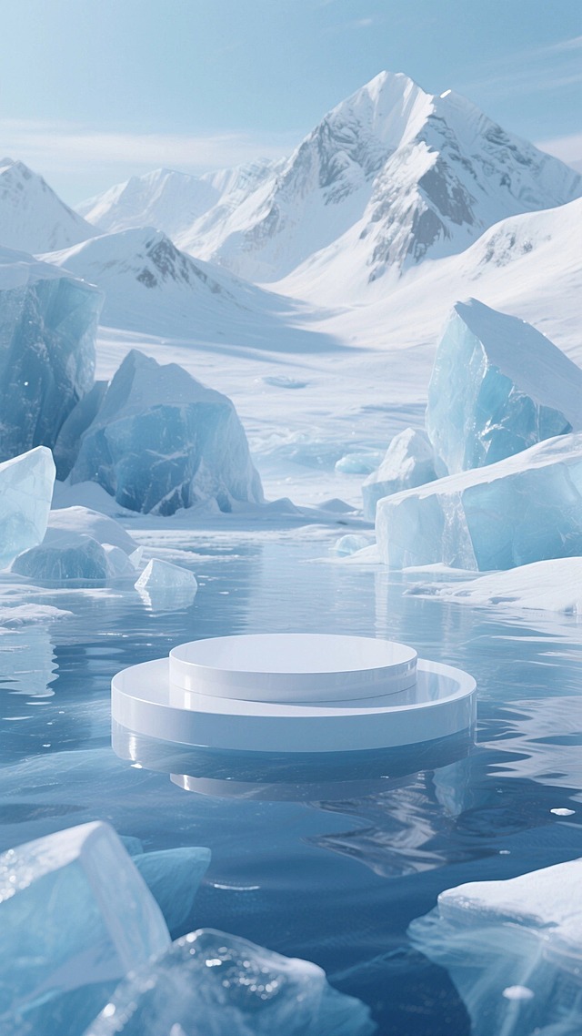 清冷的蓝色调。在波光粼粼的冰面上，主体是一个简洁的白色圆形展台，背景是连绵的雪山和形态各异的冰块，光线柔和，营造出纯净、静谧、清凉的极地氛围