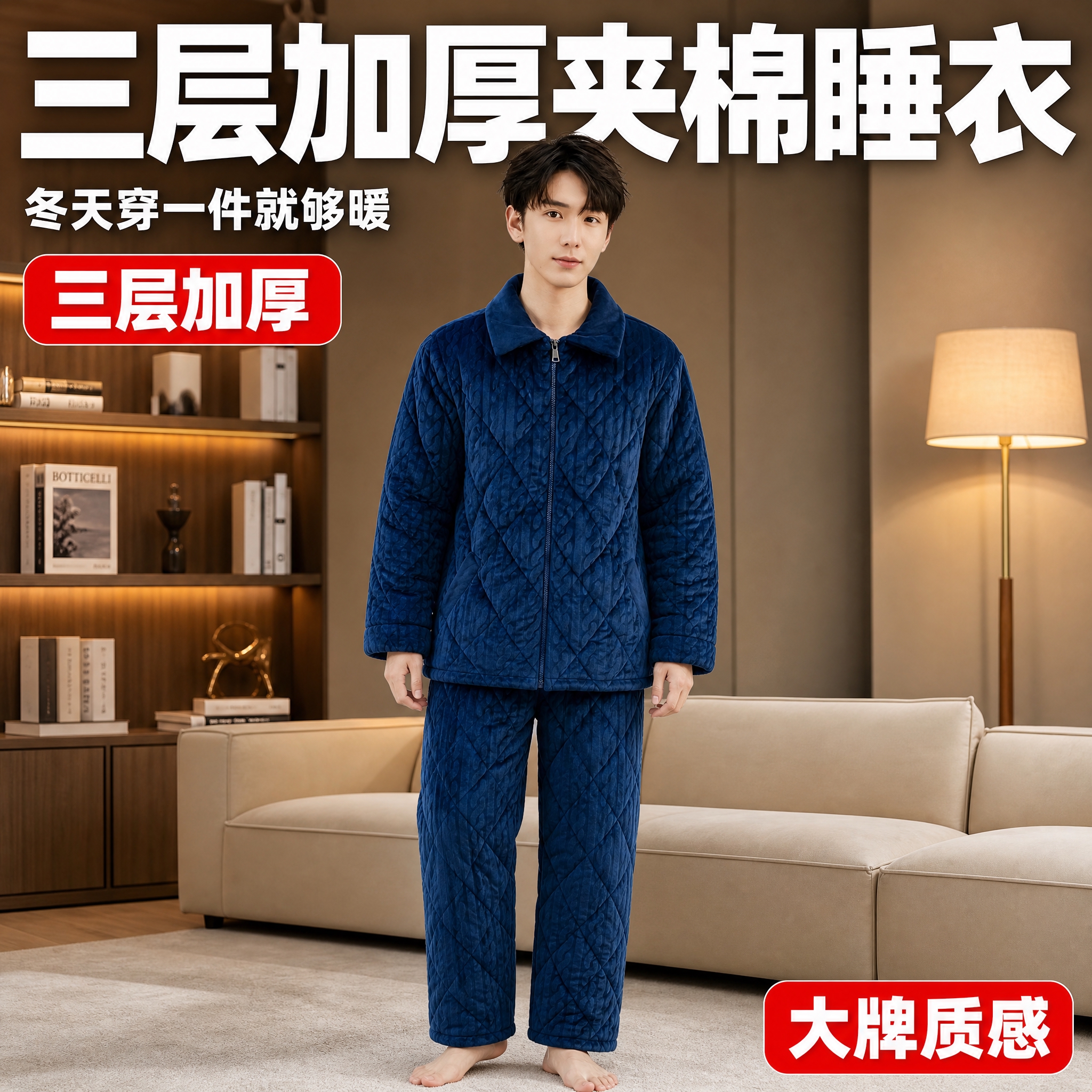 [主图-1] 主题：男士加厚夹棉法兰绒睡衣套装正面全身展示，突… - 图片创意预览