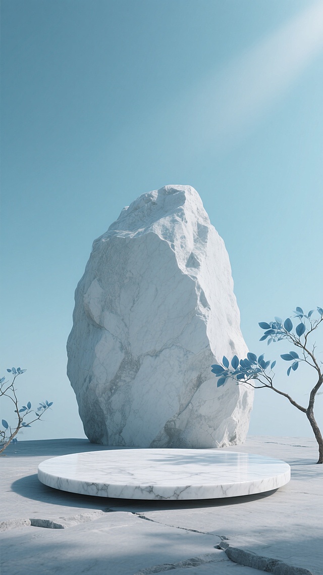 3D渲染风格，柔和的青蓝色调天空背景，画面中央是一块巨大的白色岩石，岩石前方的平坦石面上放置着一个圆形的白色大理石台面，台面边缘有自然的纹理和细微的破损感，岩石表面有粗糙的质感和阴影细节，画面右侧和左下角有几枝带有青蓝色叶子的树枝，枝叶稀疏地伸展，光线从上方偏右位置柔和照射，在岩石和台面上形成淡淡的阴影，整体营造出宁静、自然、简约而富有质感的氛围，构图采用三分法，主体突出，背景简洁，具有高级的自然美学感。
