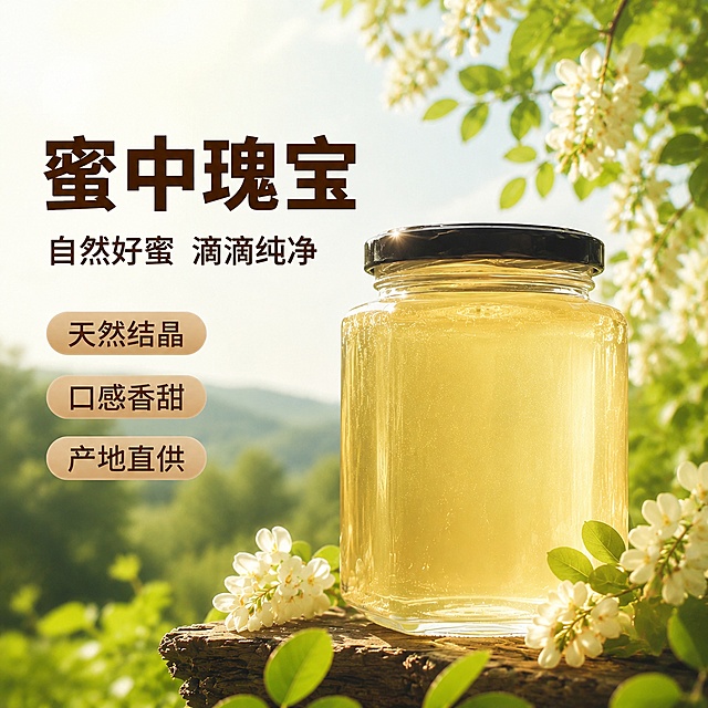 参考上一张生成的洋槐蜜电商主图风格，左侧大标题，右侧展示罐装洋槐蜜，清新自然户外绿色背景，主标题为"蜜中瑰宝"，副标题保留天然结晶、口感香甜、产地直供三个卖点特点