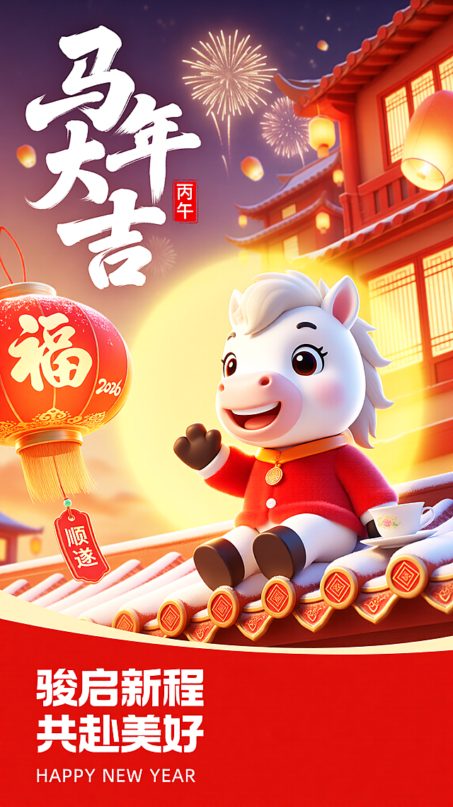 [海报主题] 马年新春贺岁宣传海报[氛围 / 风格] 3D 喜庆热闹风 + 国潮中式风格[画面元素] 主体是白色小马 IP，坐姿，面带微笑，左手抬起招手，脖子系橙色项圈，穿着红色毛绒新年衣服，坐在中式屋顶上，屋顶有薄雪、红金相间的菱形立体装饰、白色带杯碟的茶杯；左侧是印着金色 “福” 字的红色大灯笼，灯笼下方挂着写有 “顺遂” 的红色小吊牌，灯笼上有金色 “2026” 字样；背景是层叠的中式红墙建筑，窗户是暖黄色木格窗，建筑挂有小灯笼，天空有绽放的金色烟花、漂浮的孔明灯，还有黄色光效线条环绕[配色色系] 主色调：暖红色、橙黄色；辅助色：白色、金色[视角构图] 低角度仰视视角[文字设计] 左上角 “马年大吉”，白色书法字体，字旁红色方形印章内写 “丙午”；底部红色区域内 “骏启新程 共赴美好”，白色大字号无衬线字体，下方 “HAPPY NEW YEAR”，白色小字号无衬线字体，居中排版[版式排版] 主标题在画面左上方，IP 形象在画面中下部，灯笼在 IP 左上方，建筑占据背景右侧，底部红色区域承载底部文案，整体元素错落分布，营造热闹的新春氛围