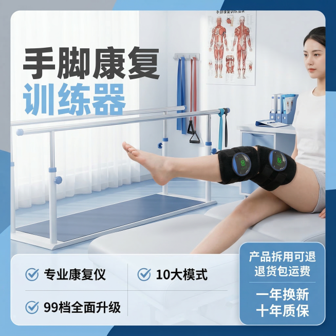 [原图修改] 保持产品外观完全不变，修改腿部为单腿伸展康复动作，更换背景为医院康复训练室，保留所有卖点文字内容不变，修改文字颜色为浅蓝配深灰，更换框架模板为不对称色块设计。文案排版：主标题左侧竖排，卖预览效果