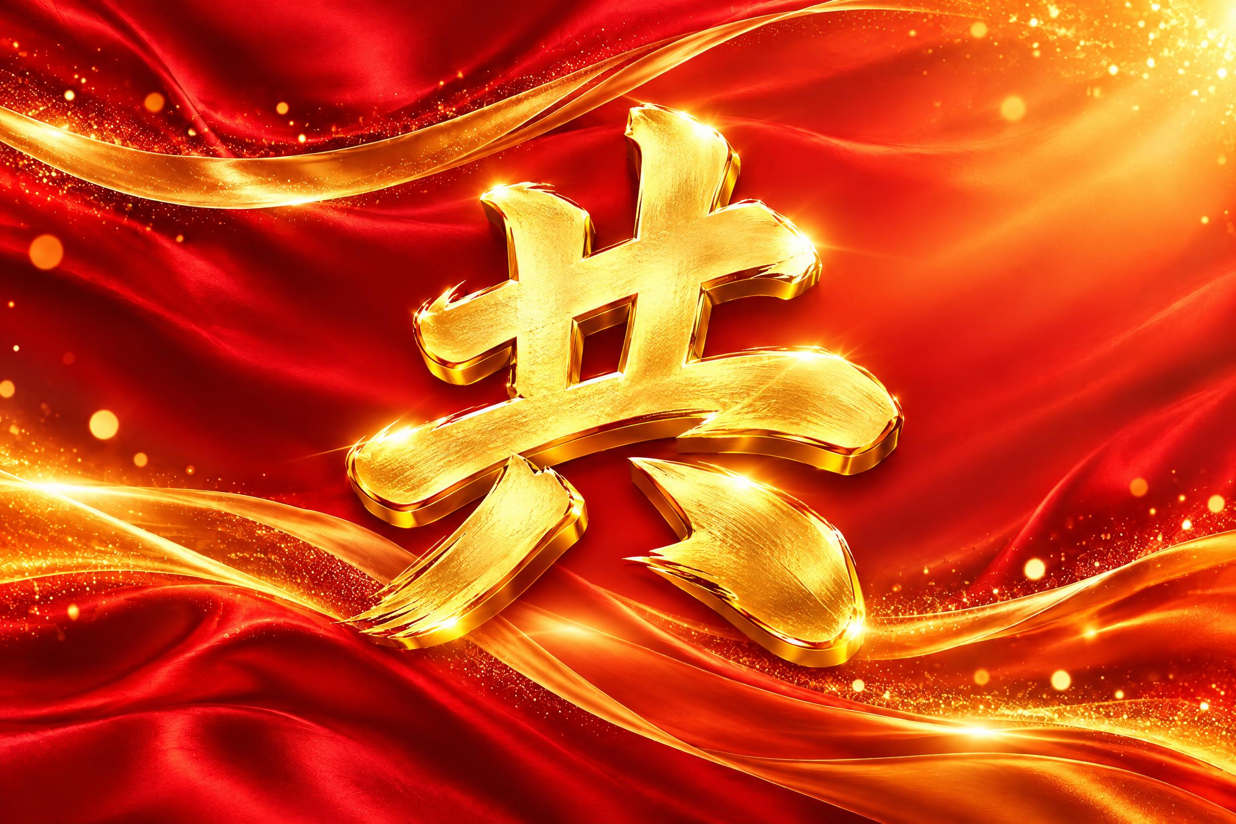 在这张红金丝绸飘带背景图的正中央，放置一个巨大的金色立体书法字… - 图片创意预览