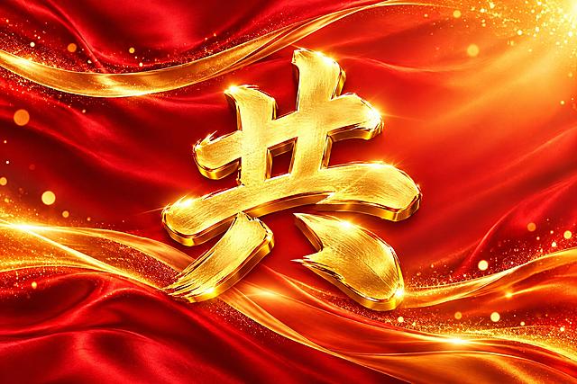在这张红金丝绸飘带背景图的正中央，放置一个巨大的金色立体书法字体“共”字，字体大气磅礴有金属光泽，与背景的红金风格完美融合，字作为画面主体视觉元素，背景保持原有的红色绸缎、金色飘带和光斑粒子效果，整体喜庆大气高端