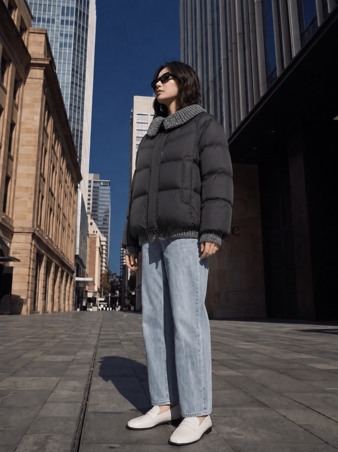 将第一张图中模特的上衣替换为第二张图中的服装款式、颜色和所有细… - 图片创意预览