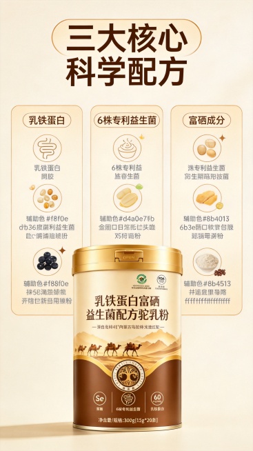 [第3屏] 核心成分卖点展示。
[氛围/风格] 专业营养展示风，简约清晰，干净通透，质感高级。
[元素布局] 画面标题在上，中间三个核心卖点分三栏竖向排列，每栏含图标、名称和说明，底部放置【图2】驼乳预览效果