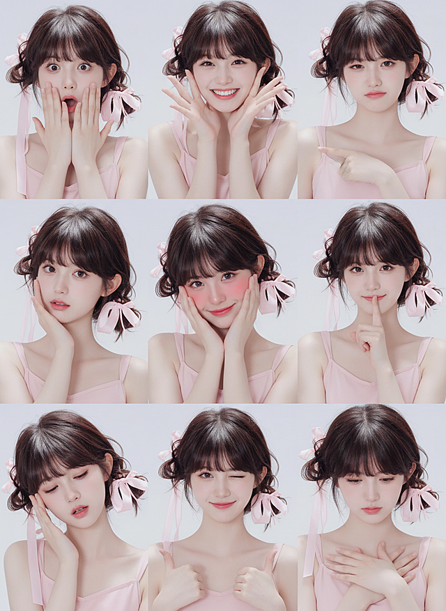 保持人物主体不变，创作一组写实风格表情包，包含表情不同、姿势不同的九宫格表情包，表情变化较大，姿势夸张