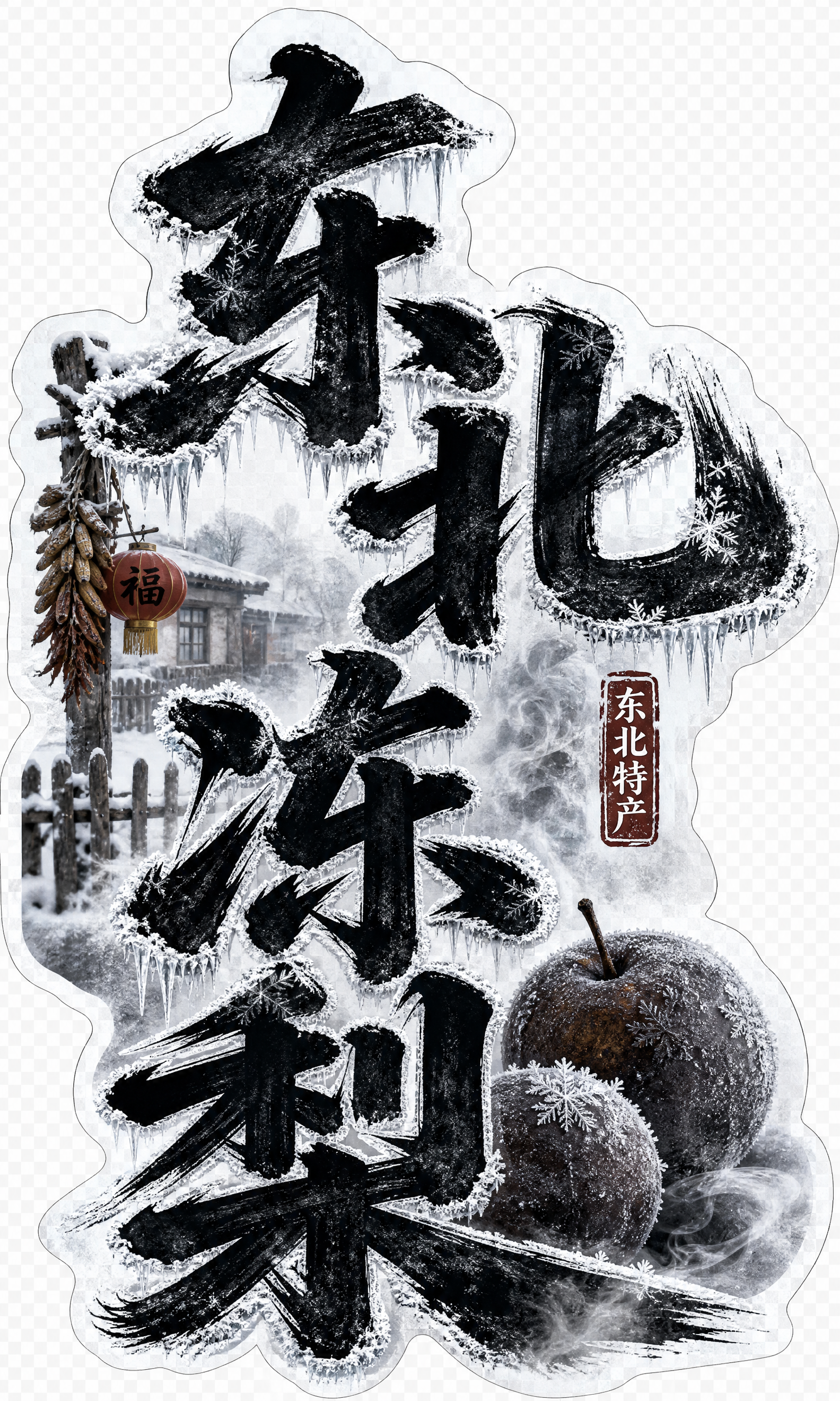 竖版不规则贴纸，四个大字“东北冻梨”，厚重书法字体，黑灰色调，… - 图片创意预览
