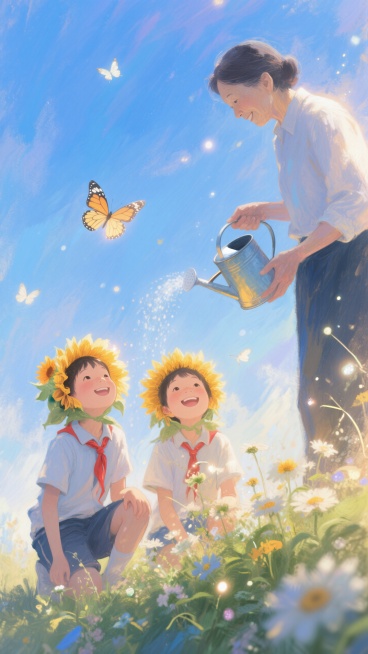 大面积蓝色渐变天空背景。下方远景一位老师提着浇花壶，花壶对着两个小学生（戴向日葵头套，表情愉悦）头顶，学生蹲在花丛边，抬头。唯美治愈氛围。天空中自由飞翔着发光小蝴蝶预览效果