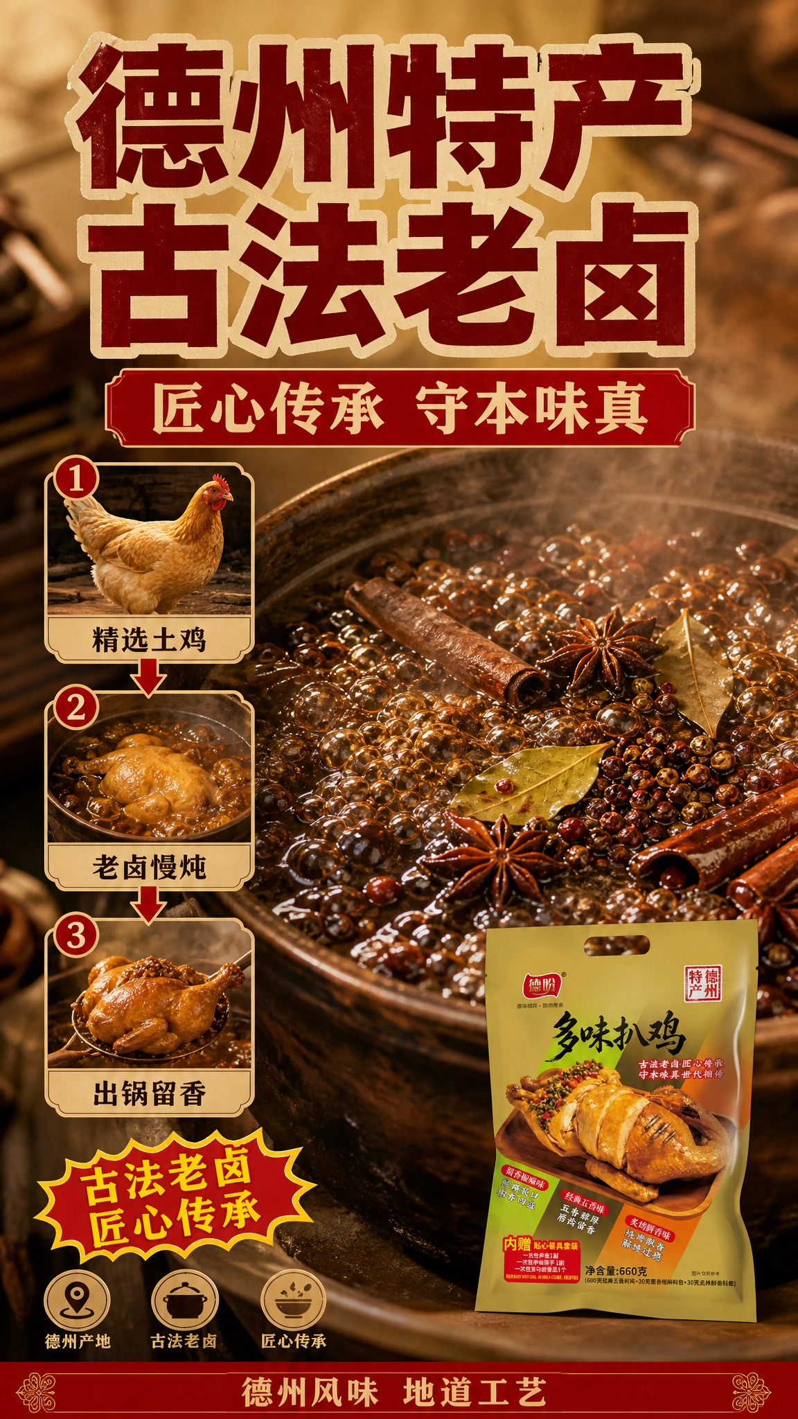 [商品] 使用【图1】德盼多味扒鸡金色包装袋作辅助展示，置于画… - 图片创意预览