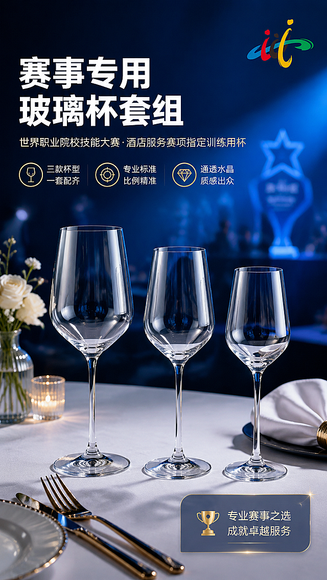 [商品] 使用【图1】玻璃杯套组三款杯（从左到右：水杯、红葡萄酒杯、白葡萄酒杯）；保留三款杯的真实结构、高度比例、透明水晶玻璃材质、细长杯脚、圆形底座、流线杯身，不变形、不改变相对高矮；杯身通透无瑕疵，玻璃反光自然。
[画面] 目标：赛事专用专业级头图海报。三款杯整齐排列于铺有白色桌布的西餐餐桌上，杯身通透反光，前景为杯组主体（占画面65%），中景有精致西餐刀叉、白色餐巾、小花瓶点缀，背景虚化融入深蓝色赛事氛围光与【图7】品牌Logo（位于画面右上角，尺寸适中不抢主体）。左上方留白做标题区，整体高级、专业、通透。
[视觉] 套系策略：风格=专业赛事级高级商业摄影；标题字=粗黑体（思源黑体Heavy）；正文字=常规黑体（思源黑体Regular）；主色=深邃赛事蓝；背景延展=基于赛事蓝做深浅渐变、同色系光晕和细腻哑光质感，白色桌布与透明玻璃形成明暗对比；强调色=香槟金，仅用于小面积标题装饰线、标签、图标点缀；标题色=纯白；正文色=浅米白；组件=圆角半透明信息卡、细金线引线、胶囊标签；光影=左前侧45度柔光，杯身形成清晰高光带，底座有柔和接触阴影。
[文字] 左上区域主标题：赛事专用玻璃杯套组（8字），副标题：世界职业院校技能大赛·酒店服务赛项指定训练用杯，下方3个短卖点：① 三款杯型 一套配齐 ② 专业标准 比例精准 ③ 通透水晶 质感出众。文字均为横排，不遮挡杯身主体。
[规格] 单屏比例9:16竖版，分辨率4K，淘宝/天猫适配，中文文案；负向提示：避免杯身变形、比例失调、杯脚弯曲、底座大小不一致、文字竖排或斜排、出现极限词、画面杂乱、人物面部模糊、出现其他平台Logo。
