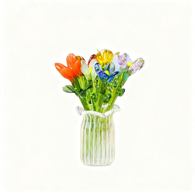 [Main Image 1] Pure white background, product centered, glass flower bouquet ornament in glass vase,预览效果