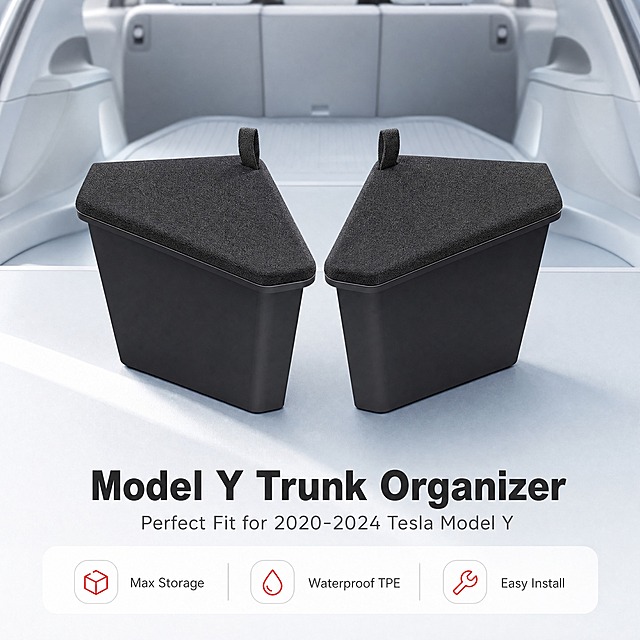 [商品] 使用【图1】特斯拉Model Y TPE后备箱侧边收纳盒一对（含左右两个收纳盒+两个绒布抽绳盖）；保留产品黑色TPE材质、梯形侧边轮廓、绒布盖纹理、抽绳提手、整体结构比例和颜色不变；产品为一对左右对称的侧边收纳盒，带绒布防尘盖。
[画面] 目标：头图海报，展示产品全貌与Model Y适配性，建立专业收纳解决方案印象。构图：上下布局，上方产品主体占画面60%，左右两个收纳盒带盖呈V形摆放在明亮的浅灰蓝色渐变台面上，下方留白放文案；背景为明亮干净的浅灰蓝渐变，带有柔和的光影和汽车内饰元素暗示；前景是产品，中景是台面和光影，后景是虚化的汽车后备箱轮廓。
[视觉] 套系策略：风格=跨境极简高级商业摄影，明亮干净；标题字=现代无衬线粗体（Helvetica Bold风格）；正文字=简洁无衬线体；主色=深炭黑（产品色）；背景延展=基于明亮浅灰蓝色做渐变层级、细腻磨砂质感和柔和光影，整体明亮通透；强调色=特斯拉红（#E82127），仅用于小面积图标、引线和标签点缀；标题色=深炭灰；正文色=中灰；组件=圆角浅底信息卡、细线引线、简约图标；光影=左前侧柔和自然光，产品底部有自然接触阴影。
[文字] 底部居中区域放文案，主标题"Model Y Trunk Organizer"，副标题"Perfect Fit for 2020-2024 Tesla Model Y"，下方三个短卖点图标+文字："Max Storage"、"Waterproof TPE"、"Easy Install"；文字全部横向排版，不遮挡产品主体。
[规格] 图片比例1:1方版，4K分辨率，负向提示：避免变形、错字、文字过小、产品颜色改变、结构失真、暗黑色调、阴暗背景、中文文字、亚洲面孔。