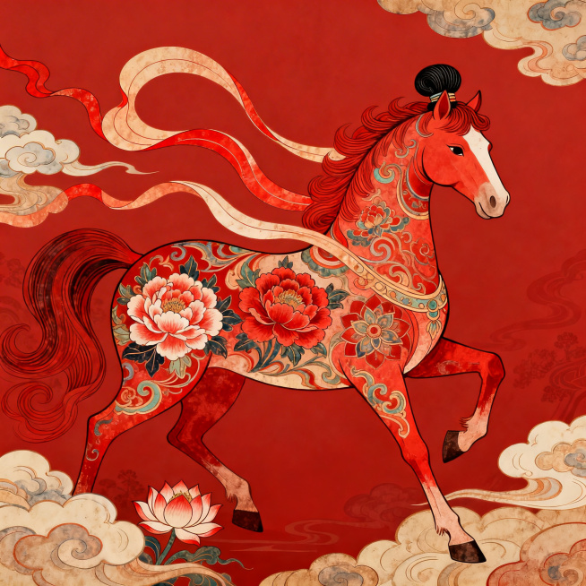 午马主题插画，融合中国传统风格与敦煌壁画艺术特色，红色主色调，马的形象融入敦煌飞天元素、祥云纹样、传统花卉图案，线条细腻流畅，色彩饱满浓郁，具有敦煌壁画特有的厚重质感和华丽装饰性预览效果