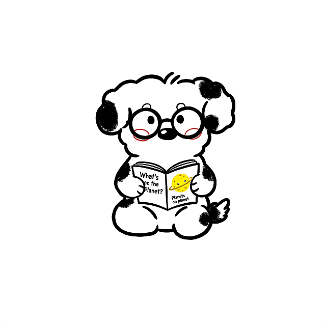 参考图1的黑色轮廓粗细和实线条笔刷风格，将这张图的笔刷和描边改成和图1完全一致，保持小狗原有的姿势、表情、比例、颜色、眼镜、书本、文字和整体构图设计全部不变，保留书本上的星球图案和文字