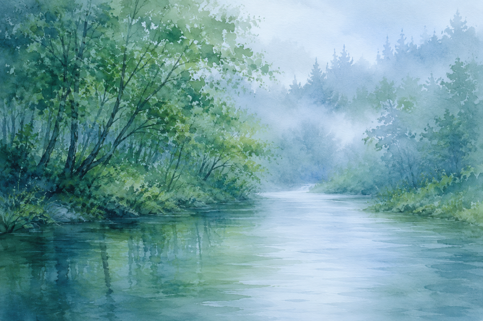 水彩风景画，连绵雨天后的溪边，雾气环绕的溪边森林，水流缓缓，没有礁石，画面以绿色、蓝色为主，整体偏冷色调，水彩风格预览效果