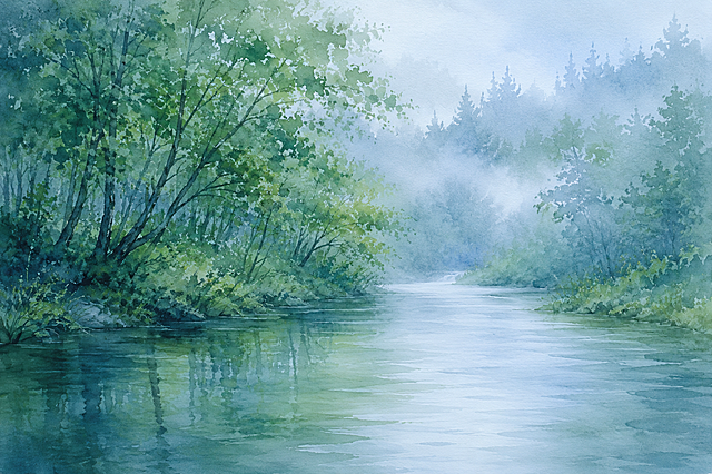 水彩风景画，连绵雨天后的溪边，雾气环绕的溪边森林，水流缓缓，没有礁石，画面以绿色、蓝色为主，整体偏冷色调，水彩风格