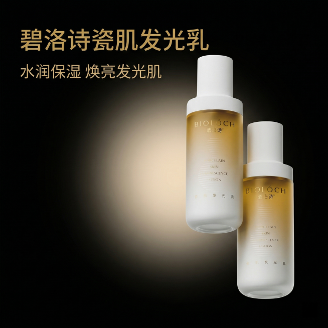 [主图1 首图产品展示] 碧洛诗瓷肌发光乳淘宝首图，两瓶发光乳错位悬浮摆放，使用抠好的产品主体，保持产品外观100%准确；极简高级轻奢风，背景为柔和渐变暖香槟色朦胧柔光，光影过渡自然柔和，氛围感高级，预览效果