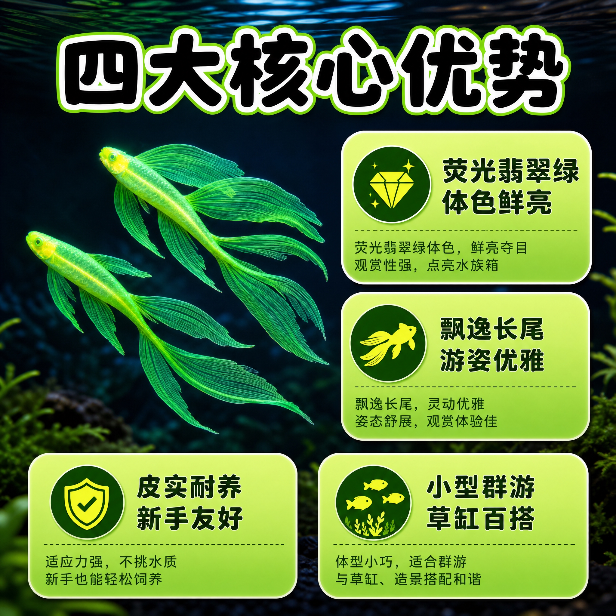 [主图-2] 核心卖点图 展示翡翠绿长尾斑马鱼的四大核心优势… - 图片创意预览