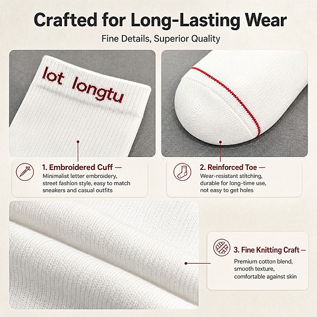 [商品] 使用【图1】白色中筒袜；商品处理：保留袜口红色"lot longtu"刺绣文字、袜头红色缝线、罗纹纹理、白色棉混纺材质、精细针织结构；放大细节部位，增强刺绣立体感、缝线工整度和针织纹理清晰度，不改变颜色和整体结构。
[画面] 目标：工艺细节展示页，聚焦刺绣、加固袜头、精细针织三大品质细节。构图：三宫格布局，左上为袜口刺绣特写、右上为袜头加固缝线特写、下方为整体针织纹理微距，右下角配信息文字区。主体占画面约75%。阅读动线从左上到右下。前景：浅灰色哑光台面；中景：三个细节放大图，带细线引线标注；后景：暖米灰色渐变背景，带细腻纸张质感。
[视觉] 套系策略：风格=跨境极简高级商业摄影；标题字=现代无衬线粗体；正文字=简洁无衬线体；主色=米白暖灰；背景延展=基于米白暖灰做深浅层级渐变、细腻织物/哑光纸张质感；强调色=砖红色，仅用于小面积图标、引线和关键词高亮；标题色=深炭灰；正文色=中暖灰；组件=圆角浅底信息卡、细线引线、极简图标；光影=左前侧暖柔光，柔和投影，立体感自然。
[文字] 顶部主标题："Crafted for Long-Lasting Wear"；副标题："Fine Details, Superior Quality"；三个细节标注：1.袜口引线"Embroidered Cuff — Minimalist letter embroidery, street fashion style, easy to match sneakers and casual outfits" 2.袜头引线"Reinforced Toe — Wear-resistant stitching, durable for long-time use, not easy to get holes" 3.织纹引线"Fine Knitting Craft — Premium cotton blend, smooth texture, comfortable against skin"；文字全部横向排版，英文表达地道，标题主要单词首字母大写。
[规格] 图片比例1:1方版，4K分辨率，medium质量。避免变形、错字、文字过小、颜色改变、版型失真、冷蓝/蓝灰背景、绝对化宣传用语。