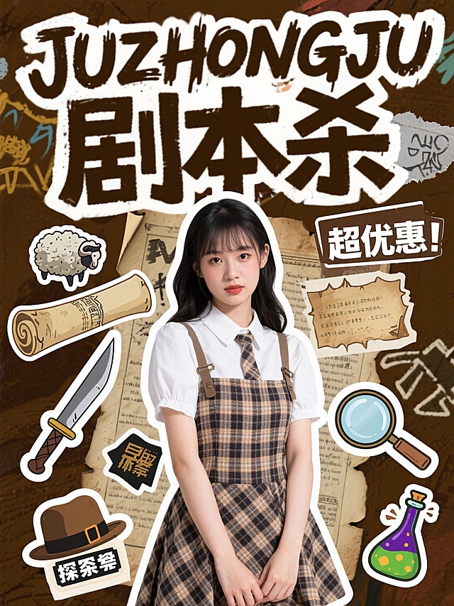 拼贴风格、涂鸦风格；咖棕色为主色调；涂鸦喷漆主标题文字”JUZHONGJU剧本杀“；再加一个比较大的副标题：文字“超优惠”；主体是一个真人版穿格子背带裙的漂亮女生贴纸，剧本得各种贴纸，有复古羊皮卷、匕首；放大镜贴纸；探案文字贴纸等元素；复古侦探帽；魔法瓶子贴纸；