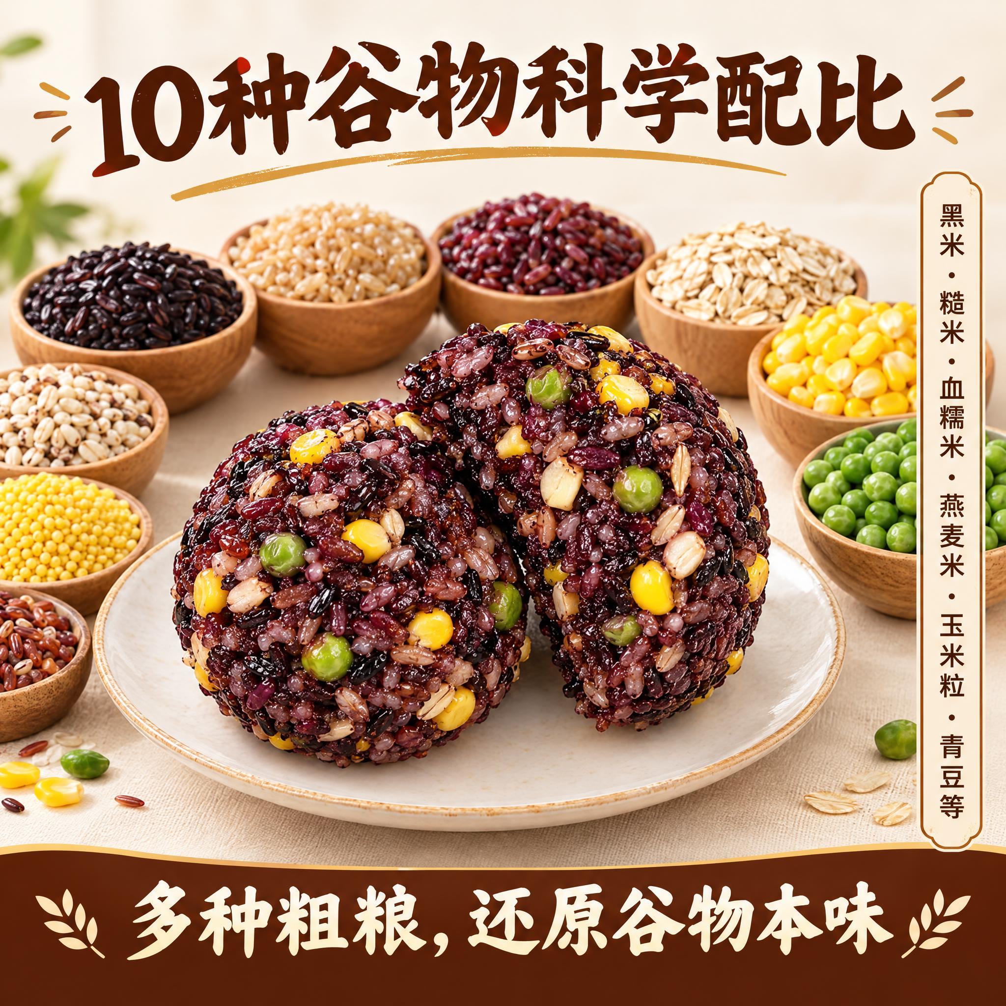 电商主图，1:1正方形，杂粮饭团原料溯源卖点图。画面主体：一个… - 图片创意预览