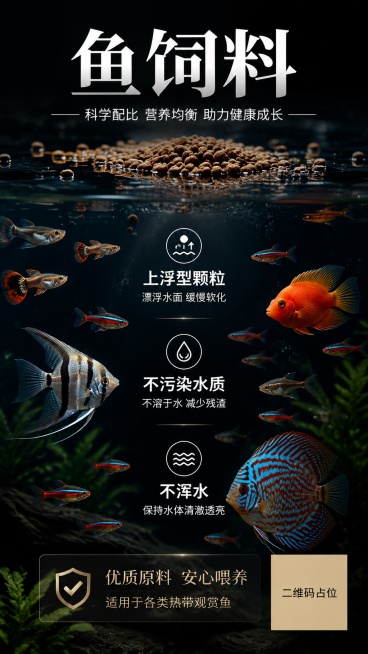 设计一张鱼饲料的竖版海报，文案写 上浮型颗粒 不污染水质 不浑水 ，背景为黑色海洋背景，海水上面漂浮一些颗粒饲料，水面下是群游的小型鱼，如孔雀鱼、灯科鱼、天使鱼、迷你鹦鹉鱼、七彩神仙鱼等预览效果