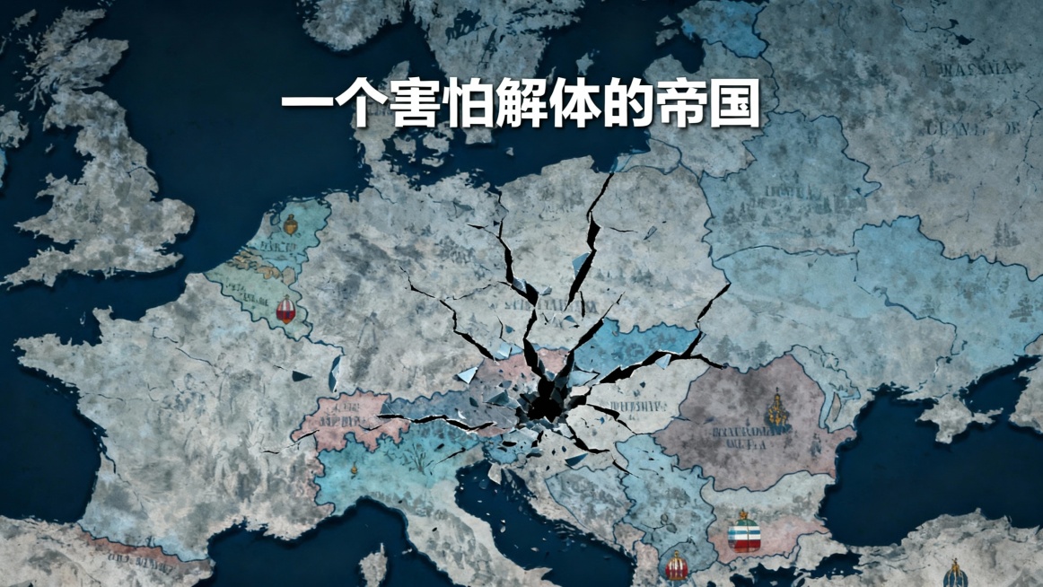 图 2

图文案：
“一个害怕解体的帝国”

提示词：

奥匈帝国地图碎裂效果，不同民族区域出现裂痕，帝国中心逐渐崩塌，象征结构性危机，冷色调历史风格预览效果