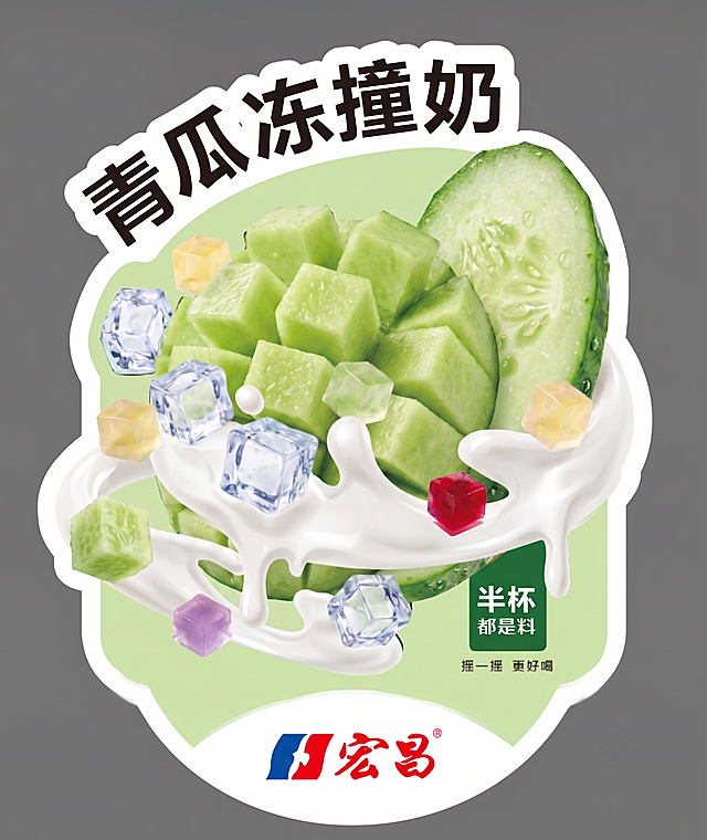 参考图二里的彩色半透明方块小果冻的样式、大小和数量，将同款果冻添加到图一青瓜冻撞奶立牌中，保持图一原有产品、文字、品牌logo都不变，风格统一