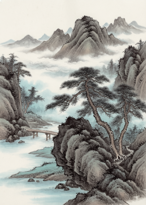 国画风格，中国传统国画细腻笔触古典美感山水画，山水画意境深远预览效果