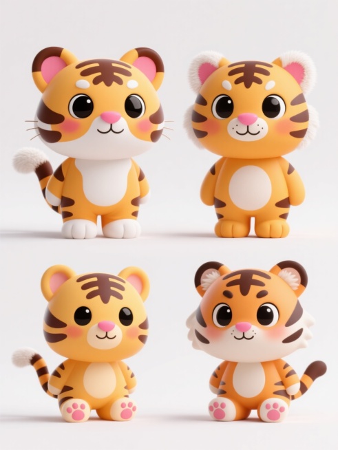 3D渲染风格的可爱卡通老虎形象，具有圆润饱满的造型和光滑细腻的材质感，明亮温暖的橙黄色皮毛配以深棕色条纹，白色的下巴和腹部，大而圆的黑色眼睛带有高光，粉红色的鼻子和脸颊红晕，耳朵内侧有粉红色内耳和白色绒毛，四肢短小粗壮，爪子肉垫清晰可见，整体呈现出温馨活泼的氛围。四只不同样式、不同品种的老虎，白色背景，排列整齐预览效果