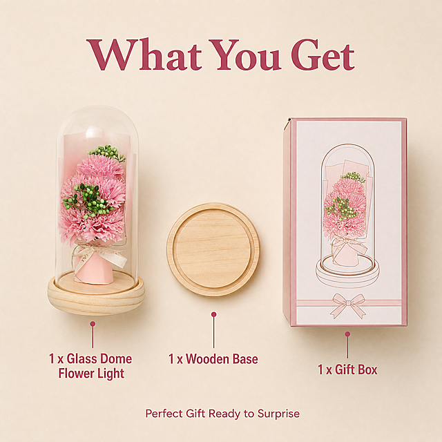 Package contents and what you get infographic image. Pink carnation glass dome flower decoration as main product, shown with its packaging contents arranged in a clean knolling flat lay style on light beige background. Items: 1 glass dome with flower bouquet, 1 wooden base, gift box packaging. Keep the main product appearance exactly consistent with input image. English text: top center bold title "What You Get" in dark pink color. Below the products, clean labels with lines pointing to each item: "1 x Glass Dome Flower Light", "1 x Wooden Base", "1 x Gift Box". Bottom area has text "Perfect Gift Ready to Surprise" in smaller font. Clean organized layout, soft overhead lighting, minimalist product photography style. 1:1 ratio, ultra high definition. Negative: deformed, blurry, watermark, Chinese characters, extra items, messy arrangement