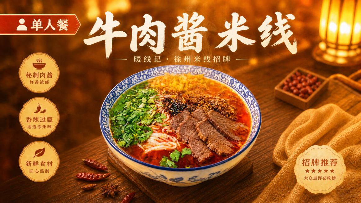 将标题“肉酱米线”修改为“牛肉酱米线”，并在米线碗里添加几片牛肉，保持整体构图、暖色调风格和1600x900像素尺寸不变预览效果