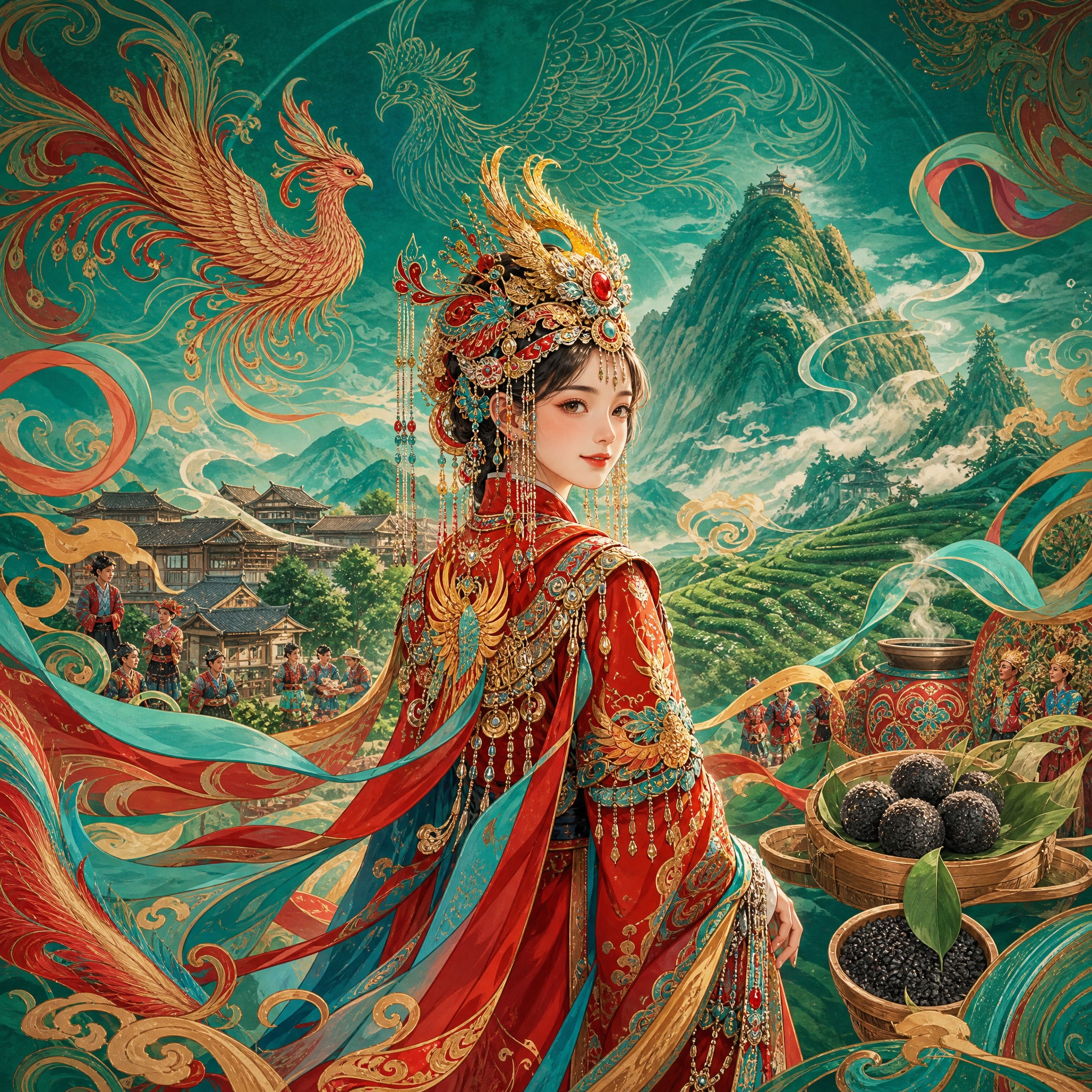 国潮插画，畲族主题，一位畲族少女身着凤凰装，头戴凤冠，站在村寨… - 图片创意预览