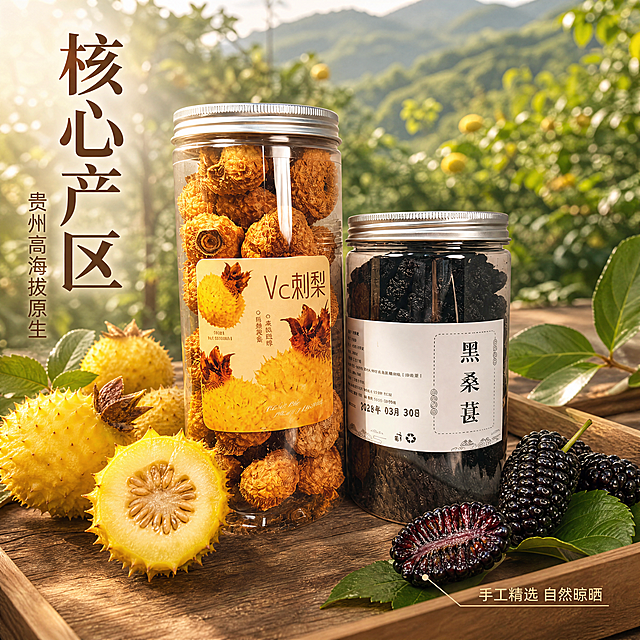 [主图-2] 产地核心品质展示刺梨桑葚干主图，强调天然原产地品质。
[氛围风格] 天然田园风，真实产地氛围，高级食欲感
[画质] 商业摄影质感，光线柔和通透，产品清晰真实，画面干净高级
[元素] 保持罐装刺梨干和黑桑葚干产品外观、物理结构、材质质感与原图一致，杜绝变形色差。左侧特写展示完整新鲜刺梨果实，右侧是切开的饱满桑葚，展示果肉纹理，背景虚化融入贵州山地果园环境，保留近景产品清晰，远景自然虚化。商品主体占比控制在65%左右，画面满屏无边框。
[光影] 自然暖阳逆光，从后方斜射，穿透果肉体现通透纹理，整体光线柔和，暗部有层次，高光自然不溢色
[配色] 主色调暖棕木色，点缀刺梨明黄桑葚深紫，背景浅绿果树虚化色调
[视角构图] 45°斜侧俯视，近景产品远景果园，景深适中突出主体
[文字版式] 左侧大数字 "核心产区" 棕色竖排大字，下方小字 "贵州高海拔原生"，右下角细引线标注 "手工精选 自然晾晒"，文字不遮挡主体，左对齐安全边距
[比例分辨率] 1:1 正方形构图，分辨率4K，文字清晰可辨，超高清
[负向提示词] 变形，水印，文字错乱，产品图模糊，背景杂乱，颜色失真，文字遮挡主体