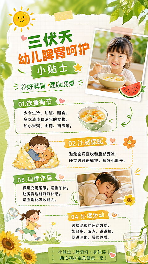 夏日三伏天儿童脾胃调理养生排毒保健知识科普宣传竖版海报