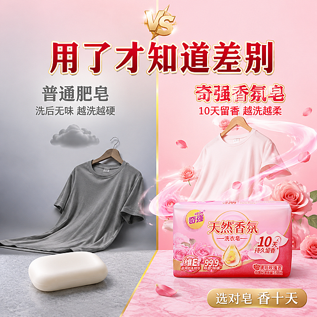 [主图-2] 奇强天然香氛洗衣皂前后对比图，普通肥皂vs香氛洗衣皂留香对比。
[氛围风格] 柔美浪漫香氛风，效果对比直观，延续粉色玫瑰+金色风格；
[画质] 商业摄影质感、光线柔和通透、产品清晰真实、画面干净高级。
[元素] 画面左右分屏对比结构。左侧（普通肥皂侧）：一块普通白色肥皂放在灰色台面上，旁边挂着一件灰色暗淡的衣物，衣物上方有灰色乌云状图标表示无香味，整体色调偏灰偏冷。右侧（奇强香氛洗衣皂侧）：奇强天然香氛洗衣皂放在粉色大理石台面上，旁边挂着一件鲜亮柔软的浅色衣物，衣物周围环绕着粉色香气波纹和玫瑰花瓣，整体色调明亮温暖粉色。中间有一条金色竖线分隔左右两侧，顶部有一个金色VS标识。背景上半部分为浅粉色渐变，下半部分左右分别对应灰色和粉色。**保持洗衣皂产品外观（即物理结构、材质质感、颜色、包装图案文字）与输入产品图一致，杜绝任何变形和色差，精细化处理**。商品主体占比约30%。
[光影] 左右两侧各自有光源，左侧冷光偏暗，右侧暖粉光亮堂，形成鲜明对比；右侧产品有柔和高光，香气波纹有发光效果。
[配色] 左侧灰冷色调；右侧暖粉色调；中间金色分割线和VS标识；整体对比强烈。
[视角构图] 左右对称分屏对比构图，平视角度；中间金色分割线引导视线对比两侧效果。
[文字版式] 顶部VS标识下方主标题"用了才知道差别"，深红色粗体大字带金色描边，横跨两侧顶部。左侧上方灰色文字"普通肥皂"，下方小字"洗后无味 越洗越硬"；右侧上方白色文字带金色描边"奇强香氛皂"，下方小字"10天留香 越洗越柔"。底部右侧金色标签"选对皂 香十天"白色小字。
[输出要求] 1:1比例，文字清晰锐利，画面超高清商业摄影质感。
[负向提示词] 变形，文字错乱，产品图模糊，背景杂乱，水印，电商平台Logo，多余的手，畸形手，人物面部扭曲。