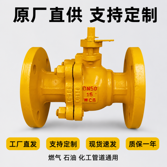 [主图-5] 法兰球阀售后与背书信息图。[氛围风格] 信息完整，专业可信；[画质] 商业摄影质感，清晰干净。[元素] DN50球阀主体居中放置，保持产品外观颜色结构与原图完全一致，产品占画面约60%，预览效果