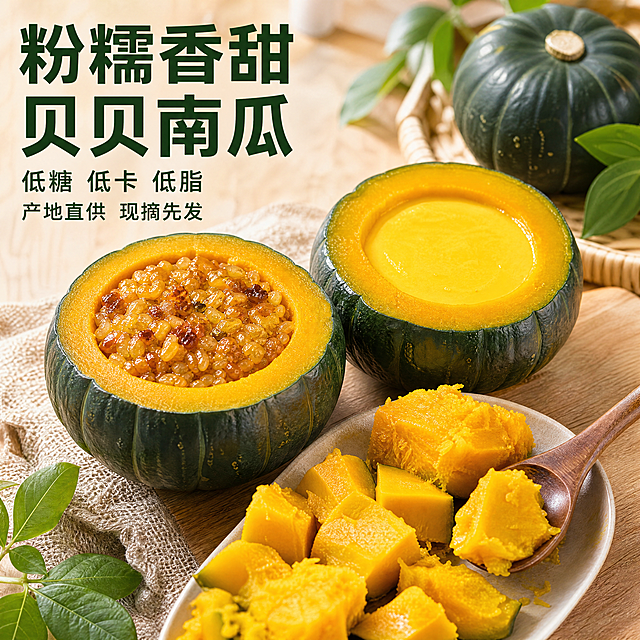 [主图-1] 贝贝南瓜产品首图，展示粉糯香甜的贝贝南瓜切开制作美食的场景。
[氛围风格] 新鲜自然田园风，真实有食欲，干净通透；
[画质] 商业摄影质感、光线柔和通透、产品清晰真实、画面干净高级。图片真实清晰，大小约2.8mb，超高清。
[元素] 画面中展示切开的贝贝南瓜，一半填充糯米呈现南瓜糯米饭，一半蒸蛋羹呈现南瓜蒸蛋羹，旁边摆放挖好的南瓜果肉块，勺子挖起一块展示粉糯质地。贝贝南瓜保持原外观色泽（深绿外皮金黄果肉），结构真实不变形，精细化处理。商品主体占比严格控制在70%左右，画面满屏无边框。背景用简约木质餐桌搭配浅麻布餐垫，自然清新不抢主体。
[光影] 自然光从侧前方照射，果肉呈现自然光泽，粉糯质感突出，阴影柔和通透，整体暖色调增强食欲感；主光突出产品纹理，辅光柔化阴影，背景干净明亮。
[配色] 主色调为南瓜自然的金黄果肉色搭配深绿外皮，辅助色为木色餐桌浅棕色，整体暖色系，鲜活诱人。
[视角构图] 45°斜侧俯视，产品为视觉中心，景深适中，产品完整不裁切。
[文字版式] 左上角负空间左对齐留安全边距，大字主文案“粉糯香甜贝贝南瓜”深绿色粗体无衬线，最大字号；主标题下方辅助文案分两行列：第一行“低糖 低卡 低脂”，第二行“产地直供 现摘先发”，字号约为标题一半，同色系，清晰易读，不遮挡产品主体。
[比例分辨率] 1:1比例，4k分辨率，文字清晰可辨，超高清。
[负向提示词] 变形，水印，文字错乱，产品图模糊，背景杂乱，色差，过度美化，不真实。
