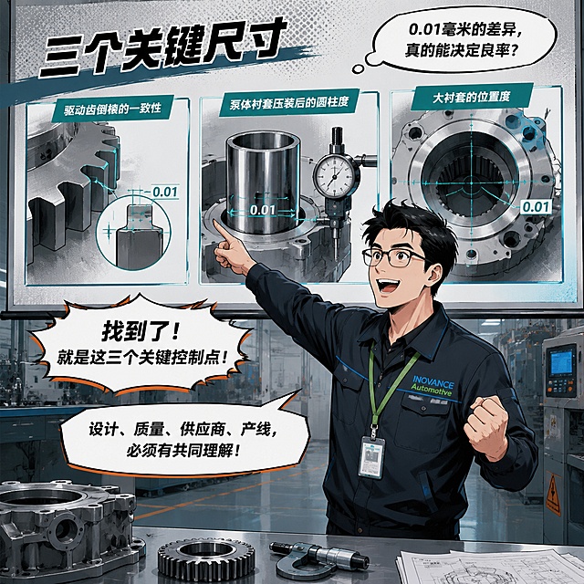 工业漫画风格单格插画，公众号文章配图。场景十一【三个关键尺寸】：画面中有三个特写小图并排，分别展示——左图"驱动齿倒棱的一致性"、中图"泵体衬套压装后的圆柱度"、右图"大衬套的位置度"，三个图都用蓝绿色边框高亮。戴眼镜的工程师站在图前，右手指向三个图，表情豁然开朗，左手握拳，两只胳膊完整正常。工程师穿深色工服，左胸口印有一个汇川联合动力Logo——上方蓝色大写"INOVANCE"，下方绿色"Automotive"，两行文字左对齐，Automotive字号只比INOVANCE小一点，全身上下只有这一个Logo。脖子上挂着绿色工牌挂绳。画面左上角标题"三个关键尺寸"。对话气泡：工程师兴奋地"找到了！就是这三个关键控制点！"，画外音"0.01毫米的差异，真的能决定良率？"，工程师"设计、质量、供应商、产线，必须有共同理解！"。冷灰主色调+蓝绿+警示橙点缀，硬朗线条，画面精致，人物手部正常，细节清晰