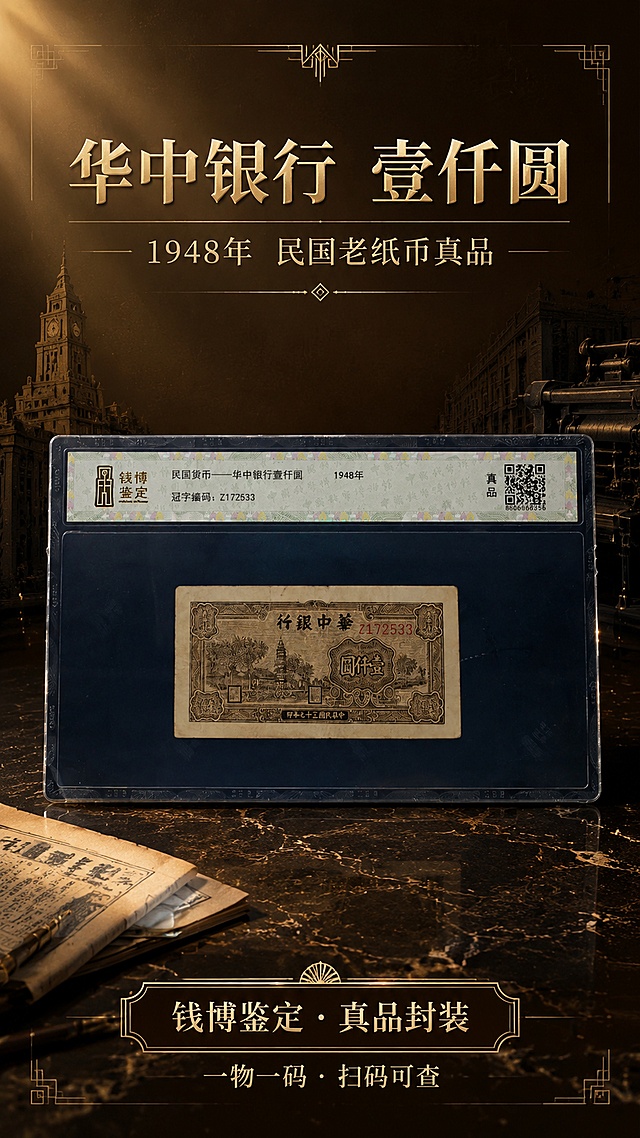 [第1屏] 详情页头图主视觉-1948年华中银行壹仟圆老纸币典藏海报。本屏使用【图2】作为商品主体，展示评级封装纸币正面全貌。
[氛围/风格] 民国金融典藏质感，棕金配色，近代历史氛围，专业纸币收藏微距高级质感。
[元素布局] 评级封装纸币置于画面中央，占比约60%，深蓝色评级盒内棕色壹仟圆纸币清晰展示，顶部「钱博鉴定」标签与二维码醒目；背景为深棕色渐变，点缀金色Art Deco几何纹样、民国建筑剪影与老式印刷机元素；底部为深色大理石质感台面，散落几缕暖光光斑与旧报纸书页一角；纸币上方留白用于标题排版；保持评级盒形状、纸币图案、顶部标签样式与输入图一致。
[光影质感] 左上方45°暖金色主光，右侧柔和补光，评级盒透明边缘有清晰高光，纸币老旧质感自然，底部自然投影，整体光影层次丰富，凸显历史典藏质感。
[配色色系] 全局底色 #3A2010 深棕渐变；主色烫金 #D4AF37；辅助色深棕 #2A1810、米黄纸币底色。
[视角构图] 正面微俯视，评级盒为视觉中心，阅读动线顶部标题 → 中部纸币 → 底部副标题。
[文字版式] 顶部居中主标题「华中银行 壹仟圆」，副标题「1948年 民国老纸币真品」，宋体烫金效果；底部居中信息条「钱博鉴定 · 真品封装」，小字标注「一物一码 · 扫码可查」；文字不遮挡纸币主体。
[比例分辨率] 9:16 竖版比例，4K分辨率，文字清晰可辨，高清画质。
[负向提示词] 评级盒变形，纸币图案错乱，颜色偏差，水印，产品模糊，现代元素干扰。