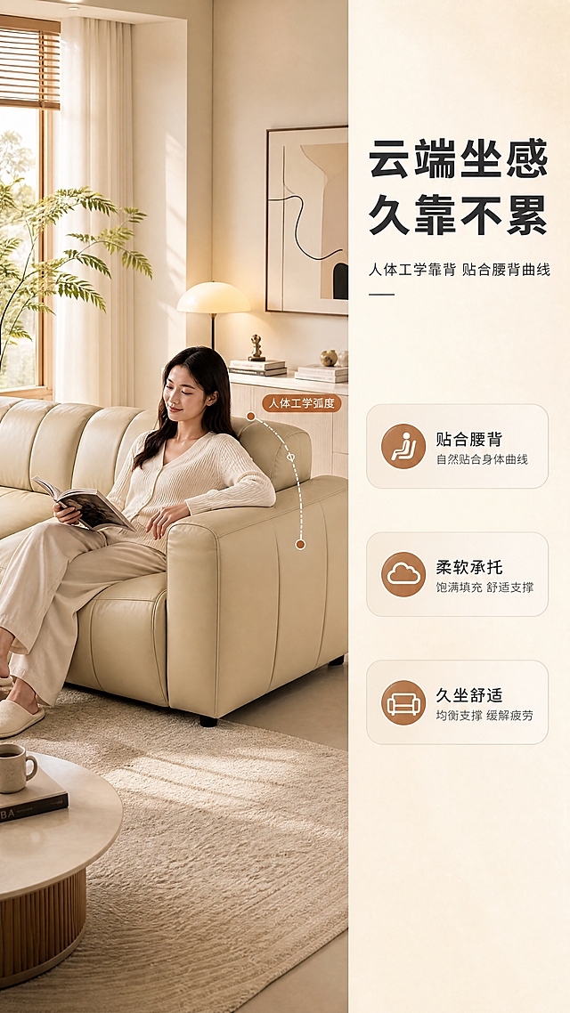 [商品] 使用【图1】奶油米色真皮模块沙发；保留三人位模块结构、方块绗缝造型、圆润扶手、黑色短脚、浅米色真皮材质；自然摆放于客厅场景中。
[画面] 目标：沉浸体验页，展示真人坐靠舒适度。右文左景竖版构图，左侧约2/3为客厅场景，右侧1/3文案区；一位亚洲年轻女性（25-30岁，休闲家居服）自然坐在沙发中间，身体微侧靠在扶手上，手持一本杂志，表情放松惬意；沙发占画面约50%，侧面展示坐深和靠背角度；背景为奶油风客厅，配小边几、台灯、绿植、装饰画；午后暖光从侧窗照入。
[视觉] 套系策略：风格=意式极简奶油风高级商业家居摄影；标题字=现代无衬线粗体（思源黑体Heavy）；正文字=简洁无衬线体（思源黑体Regular）；主色=奶油米杏色；背景延展=基于奶油米杏做深浅层级、同色渐变和细腻墙面/织物质感；强调色=暖棕焦糖色，仅用于小面积图标、引线和标签；标题色=深炭灰；正文色=中暖灰；组件=圆角浅底信息卡、细线引线、胶囊形卖点框；光影=左侧暖调自然光，柔和漫射，氛围温馨。
[文字] 右侧文案区：主标题「云端坐感 久靠不累」（8字），副标题「人体工学靠背 贴合腰背曲线」（12字）；下方3条卖点：「贴合腰背」「柔软承托」「久坐舒适」；沙发靠背处用弧线标注「人体工学弧度」；文字均横排，不遮挡人物和沙发主体。
[规格] 图片比例9:16竖版，4K分辨率，淘宝/天猫详情页适配；避免变形、错字、文字过小、冷蓝背景、沙发颜色改变、人物遮挡产品、极限词。