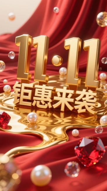 特写镜头，液态黄金在红色丝绸上流动，汇聚成“11·11”的字样。金色的“钜惠来袭”字样仿佛浮在液体之上，周围有滚动的珍珠、红宝石和气泡，质感奢华。预览效果