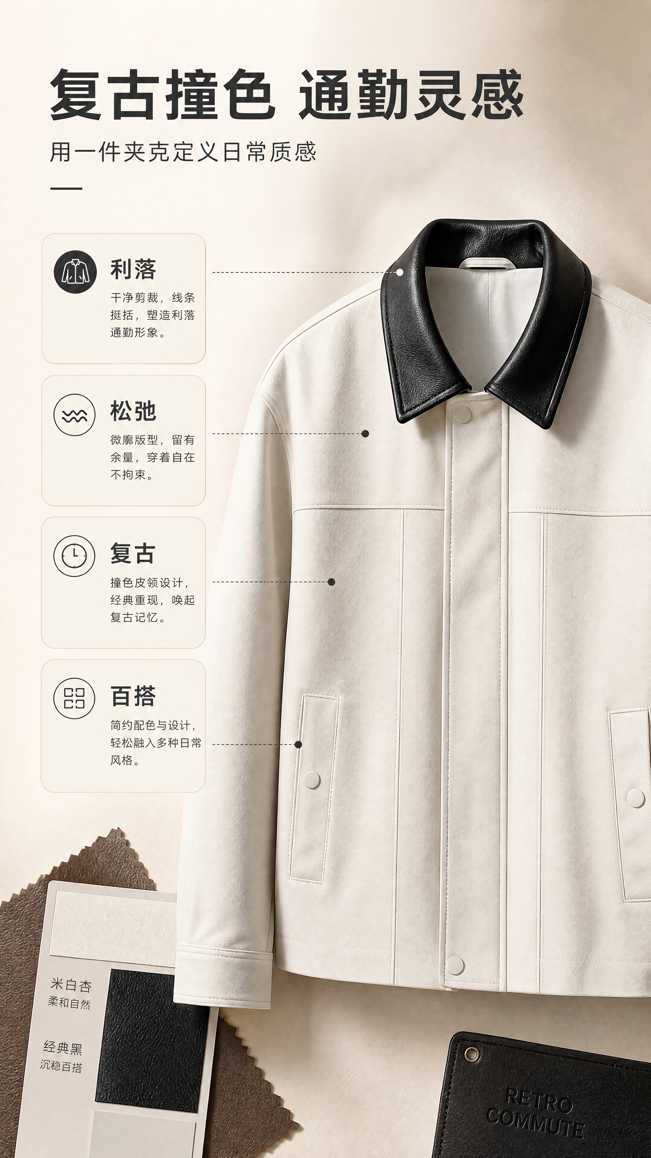 [商品] 使用【图1】米白色撞黑色皮质翻领夹克外套；商品处理：… - 图片创意预览