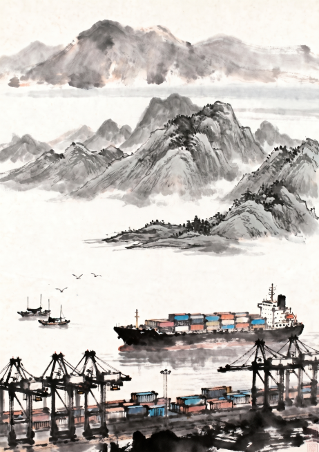 将图片上方的山向下移动并增加，再将两个小船和飞鸟向图片的左下移动六厘米预览效果