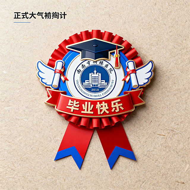 重新设计毕业胸花，胸花贴纸颜色采用红色和蓝色，色彩丰富饱满，增加毕业相关元素如学位帽、毕业绶带、毕业文字字样，保留南京鼓楼医院logo在合适位置，整体正式大气，适合毕业典礼佩戴，高清设计图